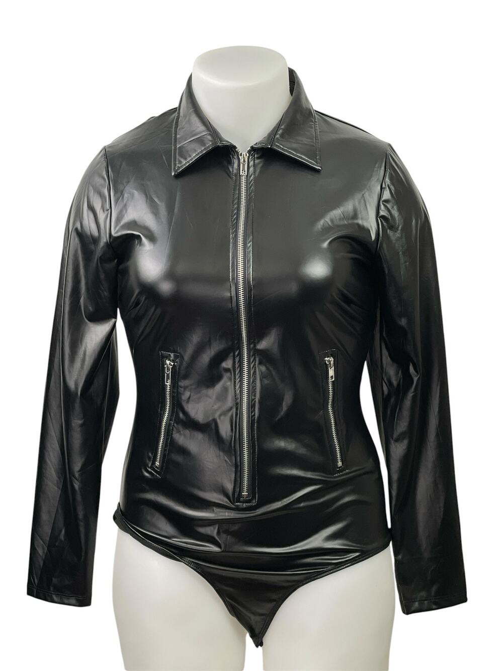 NEW Fashion Nova Biker Baddie Black Faux Leather Latex Zip Bodysuit Top Size 1X